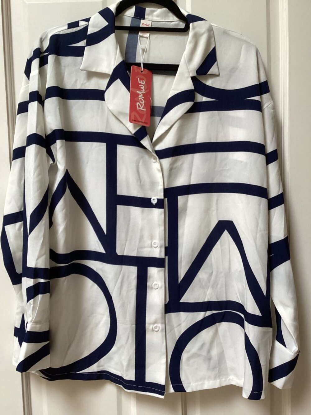 ROMWE White and Navy Oversized Blouse, Top, Size Large